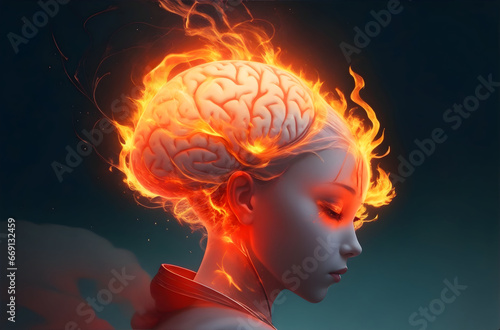Human head with brain .the head burns.this represents a depressed person .