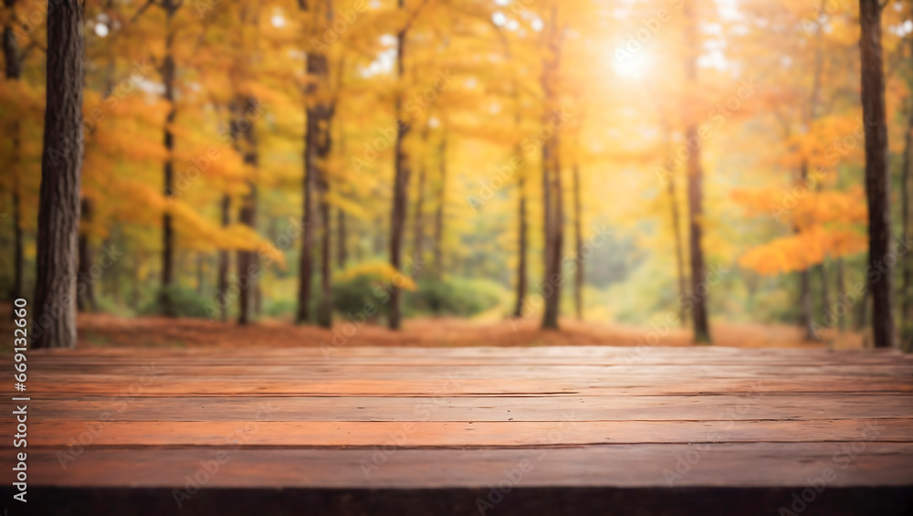 A wooden deck in the woods with fall trees in the background. The trees have orange and yellow leaves with sunlight streaming through them A wooden deck in the woods with fall trees in the background. The trees have orange and yellow leaves with sunlight streaming through them