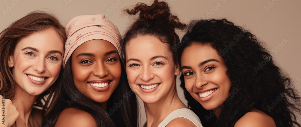 portrait of a multicultural group of young women at a shooting portrait of a multicultural group of young women at a shooting