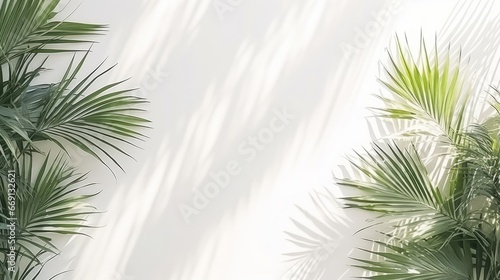 Shadows of palm tree leaves, branches over white wall. Summer background, sunlight overlay, empty copy space, horizontal
