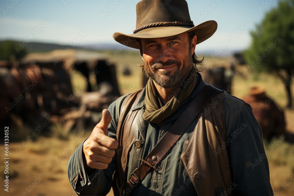 Portrait of a mature man in cowboy clothes and hat against the backdrop of a wild western landscape. The Red Dead Redemption character looks at the camera with a confident smile and gives a thumbs up.