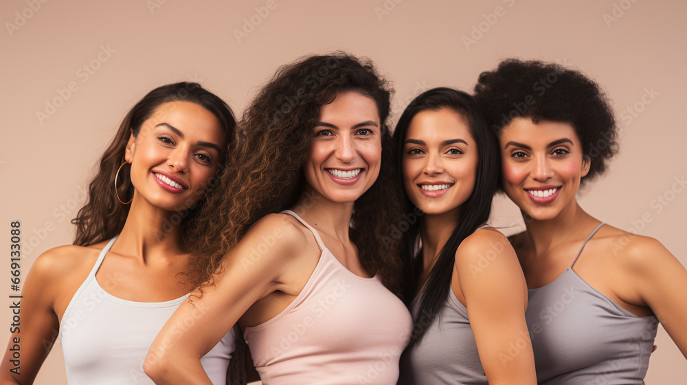 portrait of a multicultural group of young women at a shooting portrait of a multicultural group of young women at a shooting