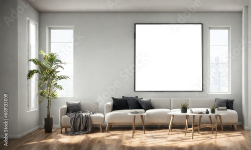 interior living room Scandinavian minimal style, frame photo mock-up in luxury apartment.