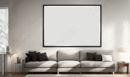 interior living room Scandinavian minimal style, frame photo mock-up in luxury apartment. © DJSPIDA FOTO