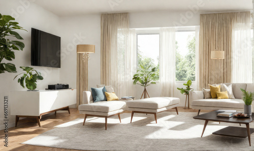 interior living room modern contemporary style, built-in wooden cabinets with interior props, sofa set, carpet