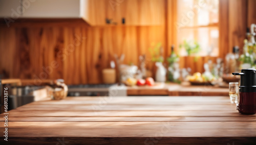 Of a wooden kitchen countertop on a blurred kitchen background. In the background are wooden cabinets  a window and various kitchen appliances.
