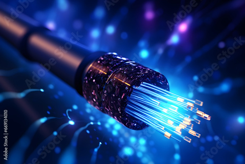 Electric cable background with sparks and bare wires. Fiber optics network cable lights abstract background. Fiber optic cable for communication technology and connecting element. 