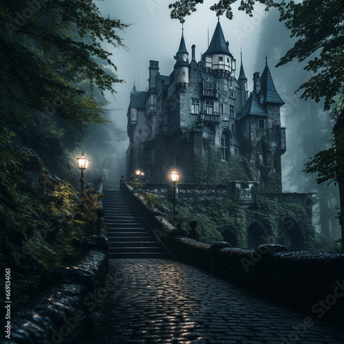 An ancient European castle in the rainforest on a frighteningly foggy night