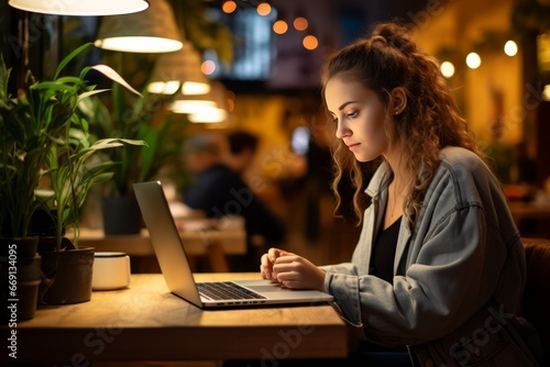 college student focused on doing assignments at a cafe generative ai photo