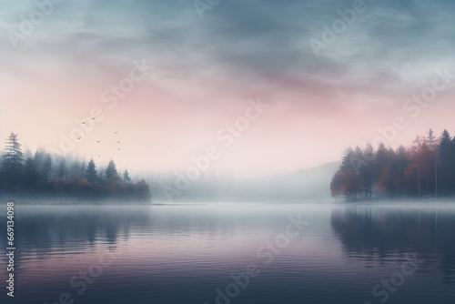 Foggy sunrise near the lake. Misty lake in the early morning. fog in the morning forest. 