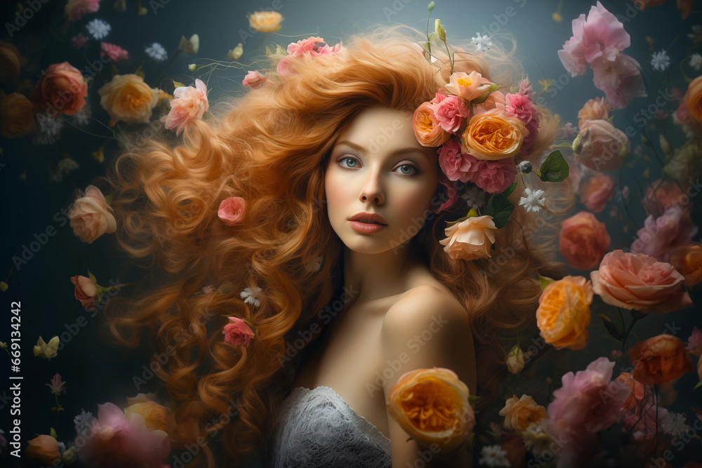 A mesmerizing display of flowers as a captivating Caucasian model enchants hearts and minds in a portrait against an isolated background A mesmerizing display of flowers as a captivating Caucasian model enchants hearts and minds in a portrait against an isolated background