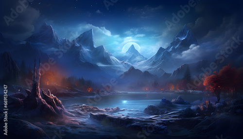 Scenery reflection lake and mountains landscape. Fantasy landscape with a lake, trees, clouds and moon. Moonlight. Starry sky. Fairytale fight scene. Magic forest.