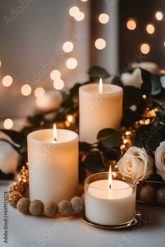 Elements of cozy decor with white roses and decorative candles in a modern stylish interior in light colors. 