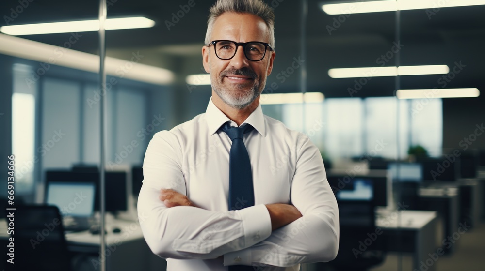 Obraz premium Happy Middle Aged Businessman CEO Arms Crossed Standing in the Office