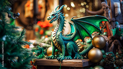 Christmas market in Vienna, Austria. Decorated Christmas tree with green dragon. Selective focus