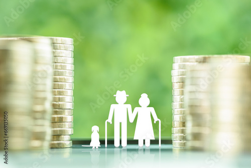 Pension insurance for retirees and social security tax, financial concept : Senior or elder retired couple stands among stacks of coins, depicting a long-term investment strategy for an aging society.