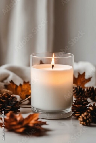 Elements of cozy autumn decor with fallen dry leaves and decorative candles in a modern stylish interior in light colors. 