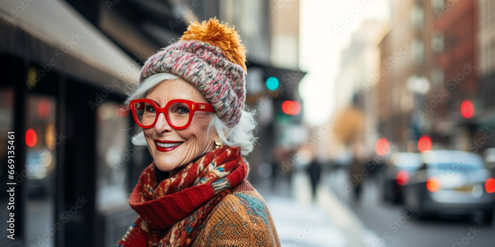 Christmas Shopping. Cool Original Hipster Urban Christmas. Older Man and Women Couple = Granddad and Grandmother Celebrating Christmas. Red and Green Christmas Tree and Decoration. Generative AI