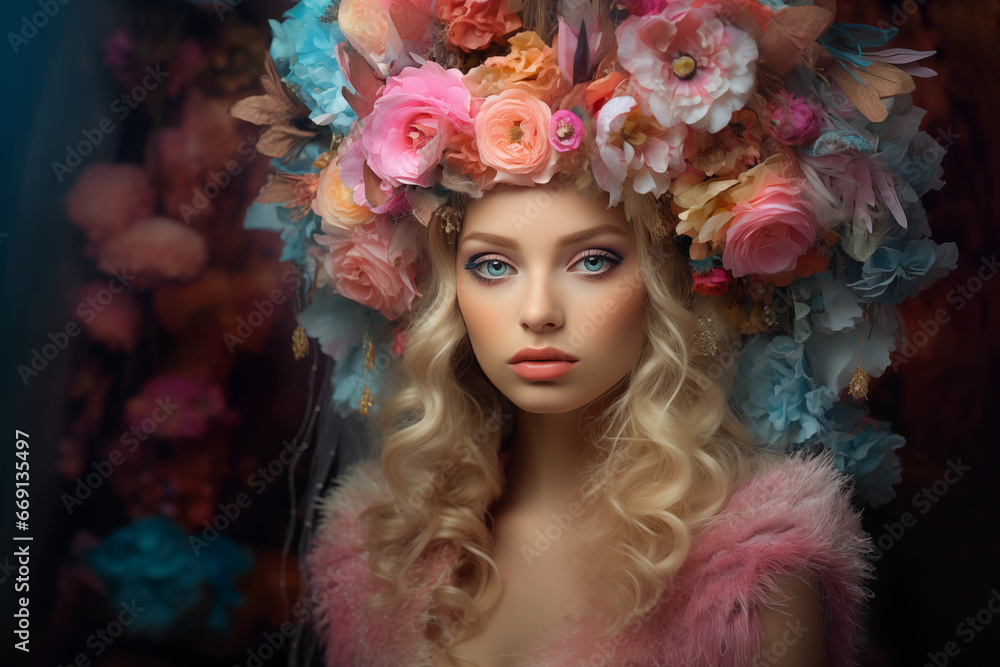 Stunning model wearing a creative hat with mesmerising display of flowers portrait on isolated background