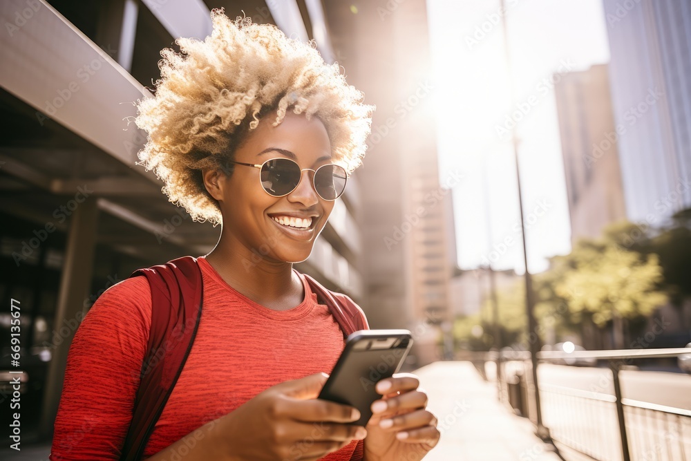 Portrait of young African American woman in sportswear with backpack standing in a modern city street. Black smiling girl with afro haircut looking at smartphone. Active lifestyle and travel concept. - obrazy, fototapety, plakaty 