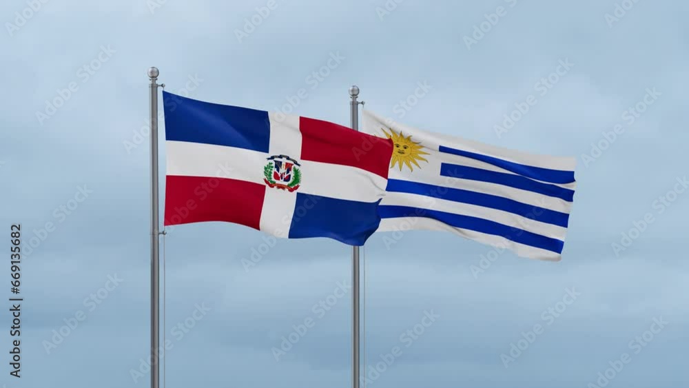Uruguay and Dominican flag waving together on cloudy sky, endless seamless loop, two country cooperation concept Uruguay and Dominican flag waving together on cloudy sky, endless seamless loop, two country cooperation concept