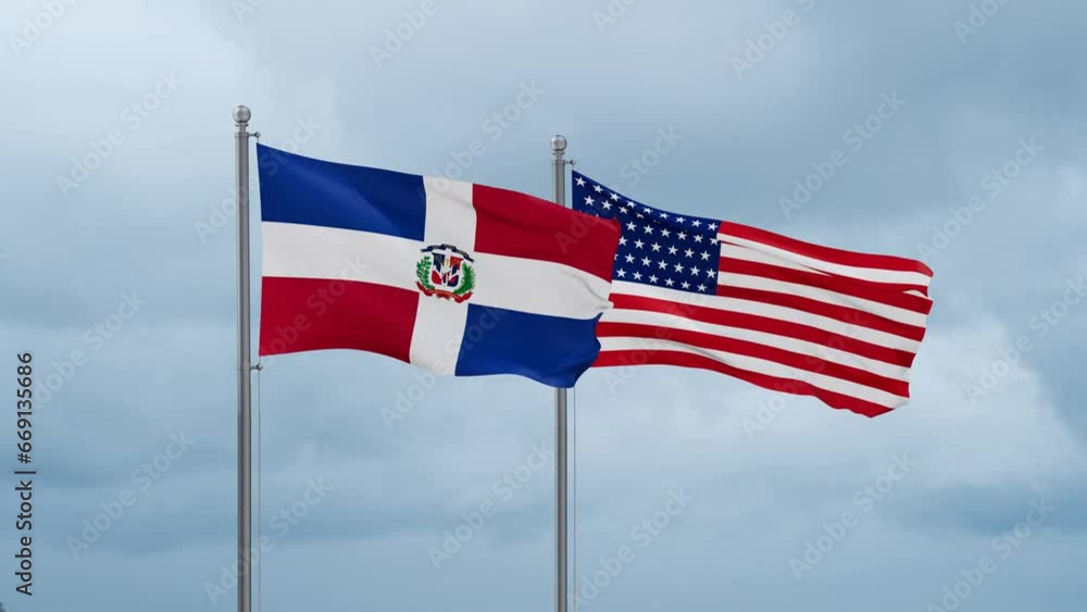USA and Dominican flag waving together on cloudy sky, endless seamless loop, two country cooperation concept USA and Dominican flag waving together on cloudy sky, endless seamless loop, two country cooperation concept