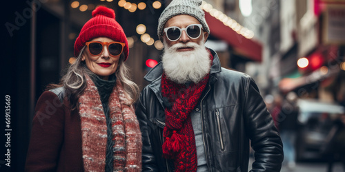 Christmas City Shopping. Cool Original Hipster Urban Christmas. Older Man and Women Couple   Granddad and Grandmother Celebrating Christmas. Red and Green Christmas Tree and Decoration. Generative AI © PEPPERPOT