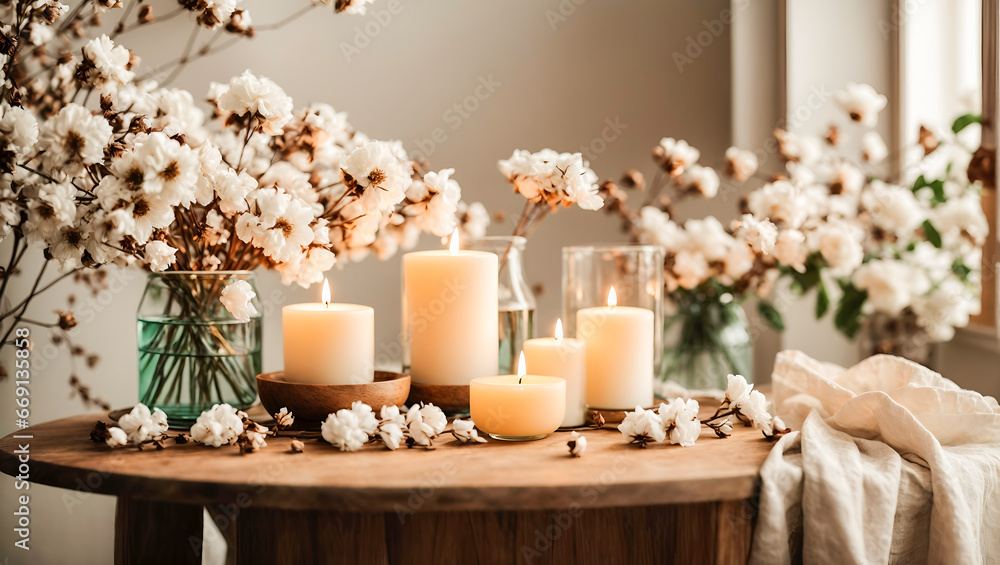 a table with a vase of white flowers, three burning candles and a white cloth. The background is a white wall with two windows. The mood is peaceful and calm a table with a vase of white flowers, three burning candles and a white cloth. The background is a white wall with two windows. The mood is peaceful and calm
