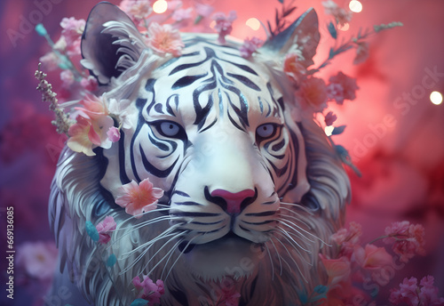 Modern illustration of a tiger in pastel colors with neon style lighting. Floral ornaments.