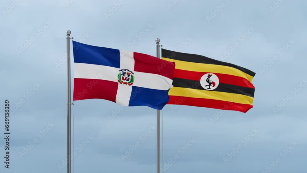 Republic of Uganda and Dominican flag waving together on cloudy sky, endless seamless loop, two country cooperation concept Republic of Uganda and Dominican flag waving together on cloudy sky, endless seamless loop, two country cooperation concept