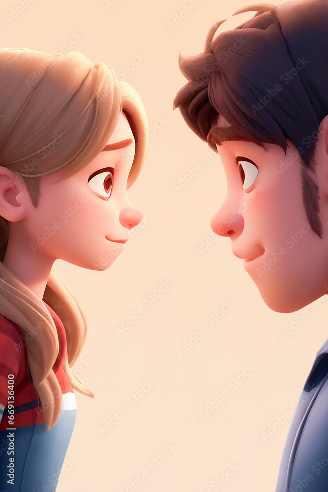 illustration of a boy and a girl looking at each other. The boy has brown hair and is wearing a blue shirt illustration of a boy and a girl looking at each other. The boy has brown hair and is wearing a blue shirt