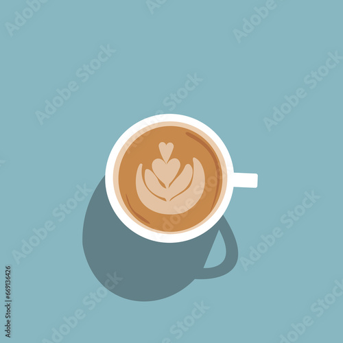 Hot latte coffee cup blue background. Tasty breakfast concept. Energy drink. Flat vector design close up. Coffee break art. Cafe poster mock up. Mug icon view. Fresh morning beverage. Aroma coffe sign
