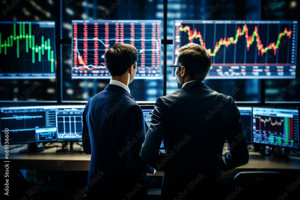 Crypto Trader Investor Analyst Broker Using Computer Analysing Online Cryptocurrency Exchange Stock Market Index Chart, Investing Money Growing Profit in Trading Platform Stock Market. Generative AI. - obrazy, fototapety, plakaty 