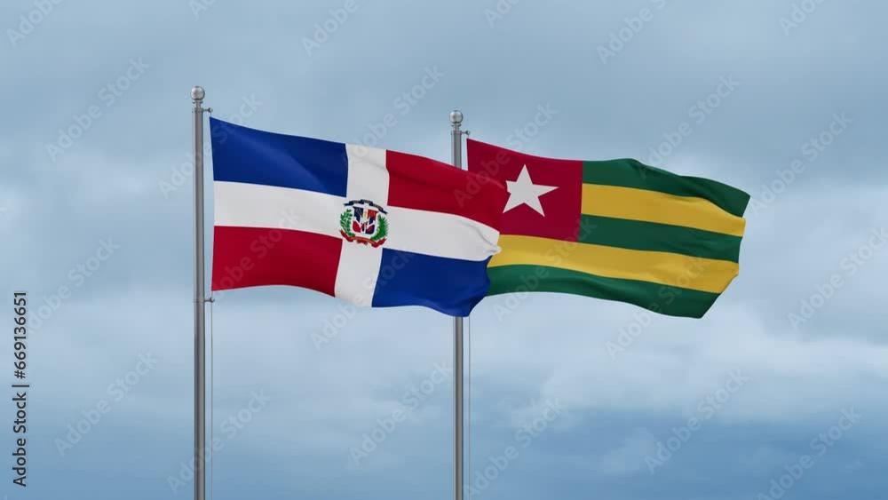 Togo, Togolese Republic and Dominican flag waving together on cloudy sky, endless seamless loop, two country cooperation concept Togo, Togolese Republic and Dominican flag waving together on cloudy sky, endless seamless loop, two country cooperation concept