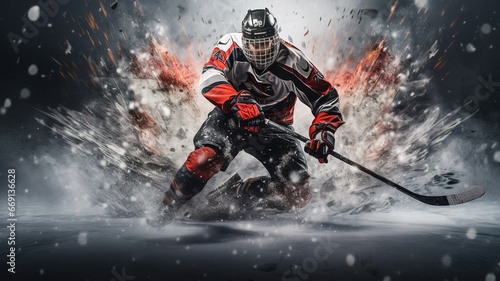 illustration hockey player black and red color move on dark black background with copy space AI © yana136