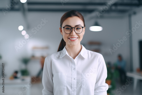 professional young brunette woman in office black rimmed glasses with white shirt