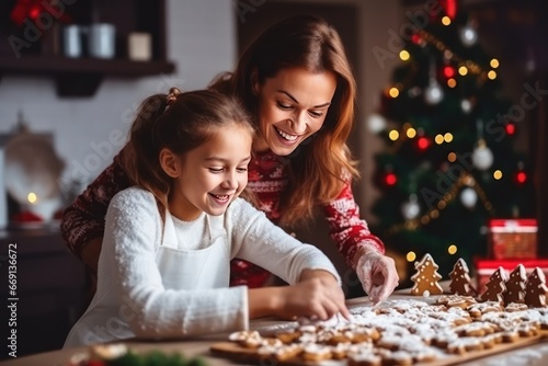 Cheerful young schoolgirl with mother happily making Christmas cookies in warm inviting kitchen of home. Joyful funny little girl and mother bake Christmas cookies together in cozy kitchen at home. photo