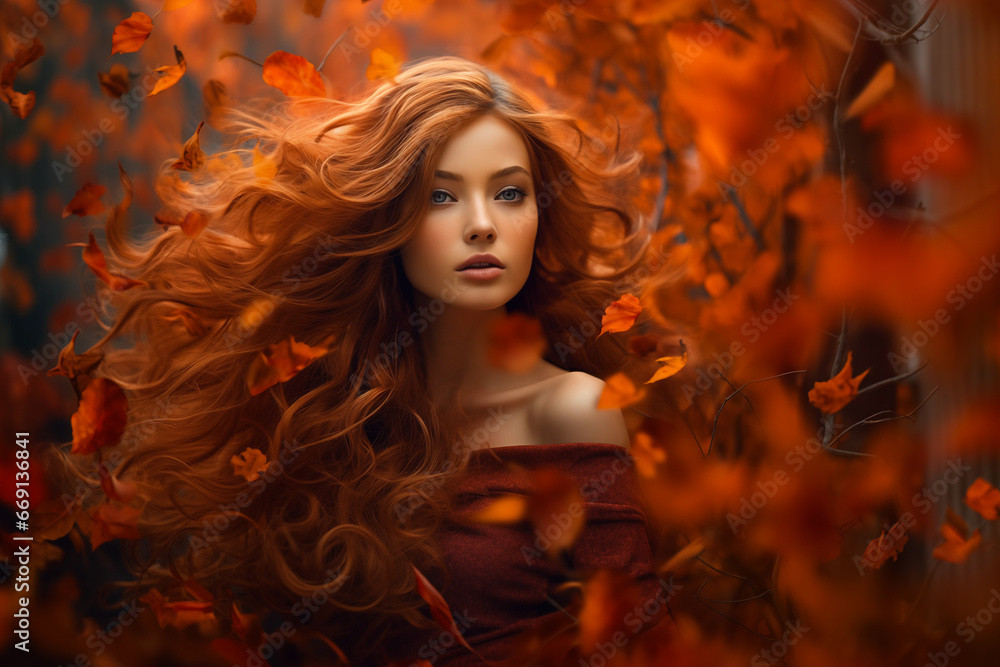 Stunning model wearing a creative hat with mesmerising display of autumn leaves, portrait on isolated background