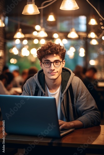 A student takes a moment to look at the camera while busy with college assignments generative ai