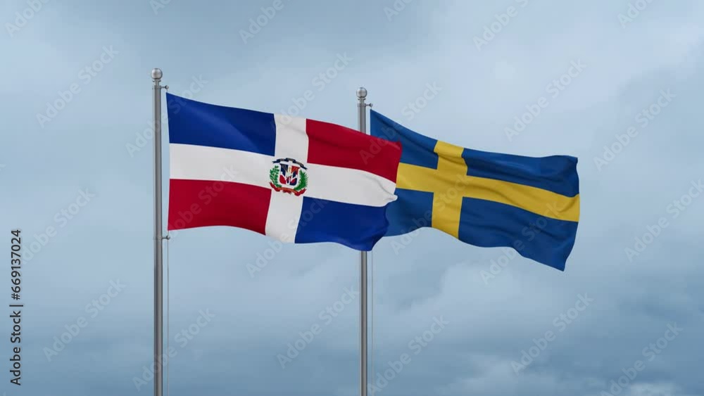 Sweden and Dominican flag waving together on cloudy sky, endless seamless loop, two country cooperation concept Sweden and Dominican flag waving together on cloudy sky, endless seamless loop, two country cooperation concept
