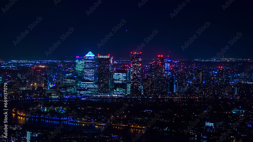 London, United Kingdom - The bank district of central London with famous skyscrapers. London skyline at night. 