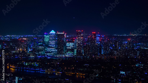 London, United Kingdom - The bank district of central London with famous skyscrapers. London skyline at night.  photo