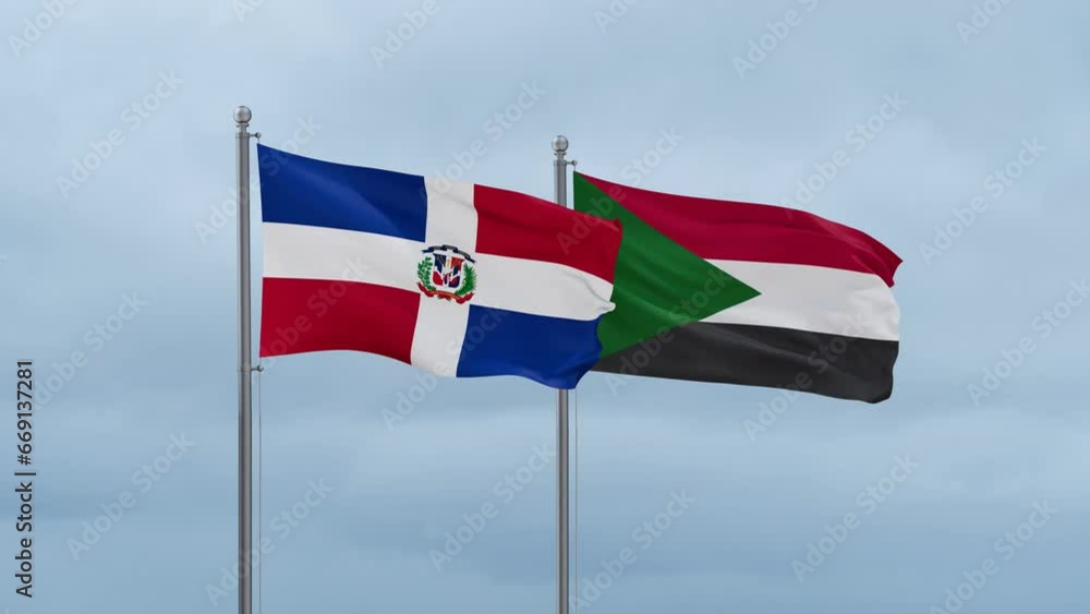 Sudan and Dominican flag waving together on cloudy sky, endless seamless loop, two country cooperation concept Sudan and Dominican flag waving together on cloudy sky, endless seamless loop, two country cooperation concept