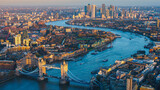 Aerial panoramic cityscape view of London and the River Thames, England, United Kingdom. Tower of London. anorama include river Thames, Tower bridge and City of London and Canary Wharf buildings. 