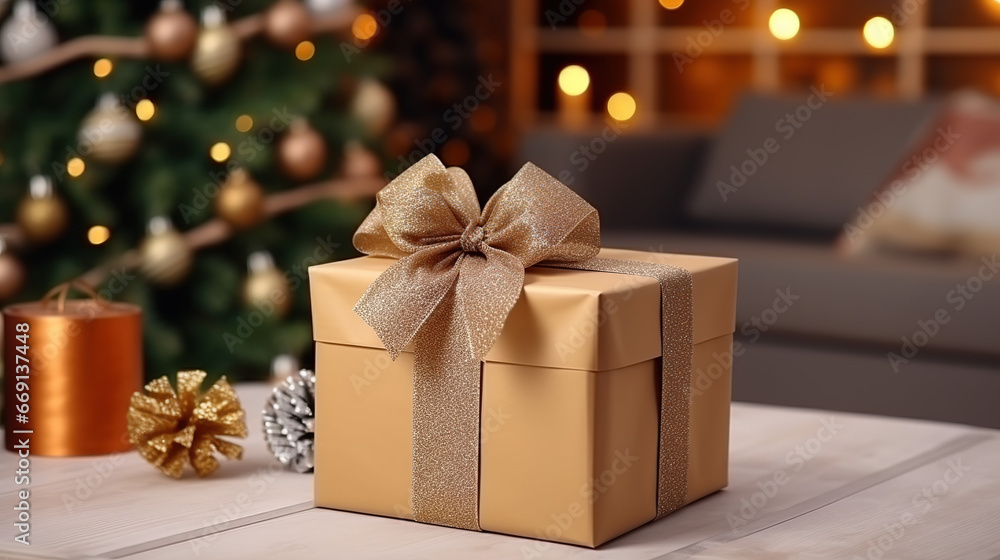 New Year, Christmas gift, Christmas gift boxes. Gift box tied with ribbons and ornaments, Christmas background, beautiful Christmas gift boxes in the room on a bokeh background. New Year, Christmas gift, Christmas gift boxes. Gift box tied with ribbons and ornaments, Christmas background, beautiful Christmas gift boxes in the room on a bokeh background.