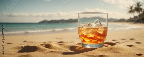 A whiskey or rum on ice in the sand of a tropical beach in the sun. Generative AI. 