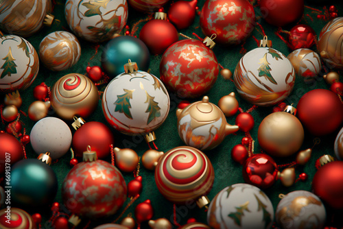 Red, green and gold Christmas balls and spheres, Christmas tree decorations in vibrant tones.