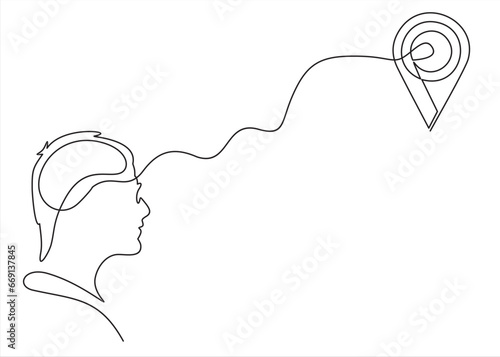 head profile and location icon and one line.continuous line art.