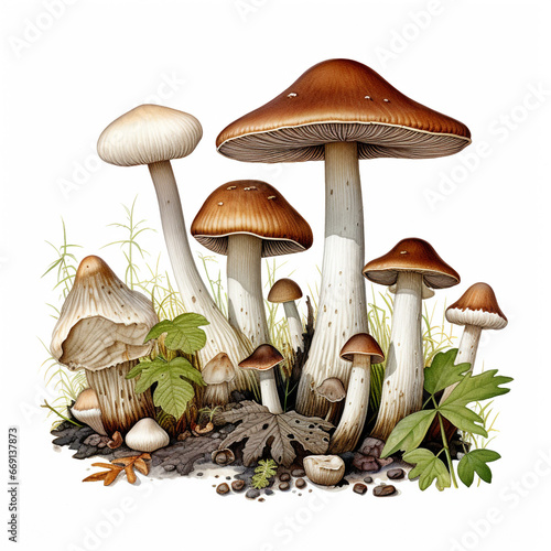 mushrooms in the forest, Types of mushrooms found in the forest, botanical illustration on white background.