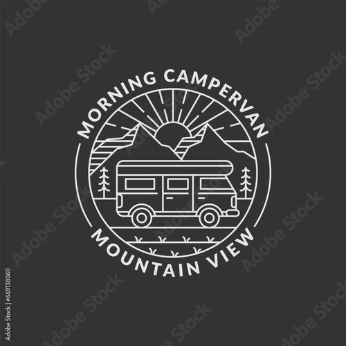 morning mountain and campervan badge monoline or line art style vector illustration